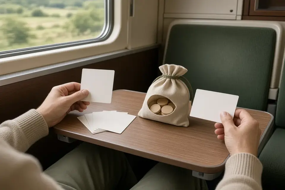 Carte e gettoni sul tavolino pieghevole di un treno